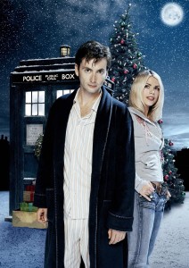 Il Dottore in pigiama e Rose davanti al TARDIS.