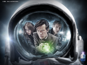 Il Dottore, Amy e Rory nel riflesso della tuta.